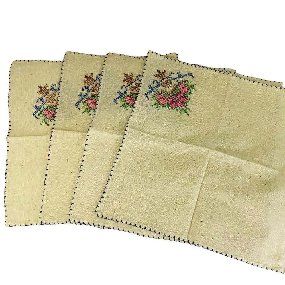 Vintage Linen Dinner Napkins Lot 4 Burlap Needlepoint Embroidered Handmade u